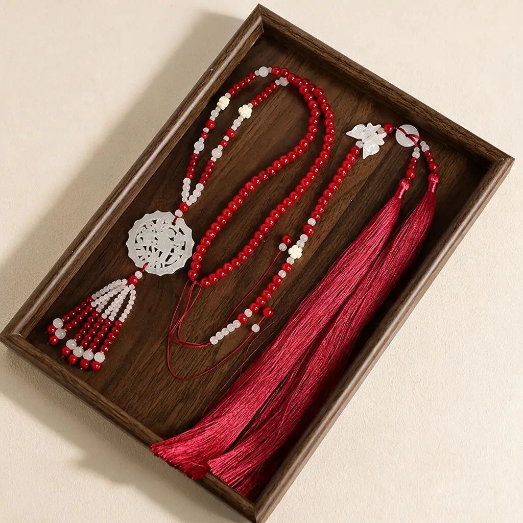 Chinese Ming Style Long Beaded Yingluo Necklace With Long Tassel Hanfu Back Pendant Sweater Chain For Qipao Mamianqun Daily Wear