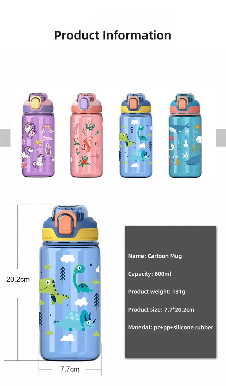 600 ml Dinosaurier Wasser Flasche Für Kinder Wasser Sippy Tasse Mit Silikon Stroh Auslaufsichere Kunststoff Wasser Flaschen Sommer Kinder Wasser Tasse – Detail 7