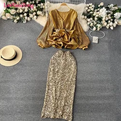 2024High End Skirt Set For Women's Fashion Celebrity: Waistband Ruffle Edge Pleated Top+High Waist Sequin Half Skirt 2-piece Set