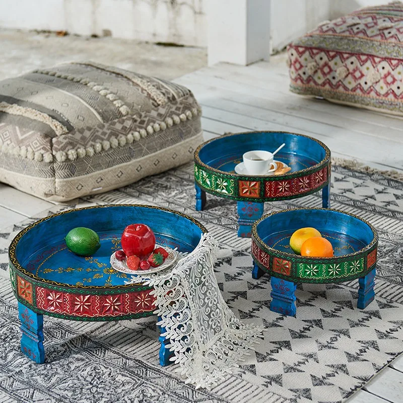 Oriental Hand Painted Round Wooden Low Tea Table Multi-scene Tatami Floor Table as Fruit Plate for Balcony Bay Window Home Decor