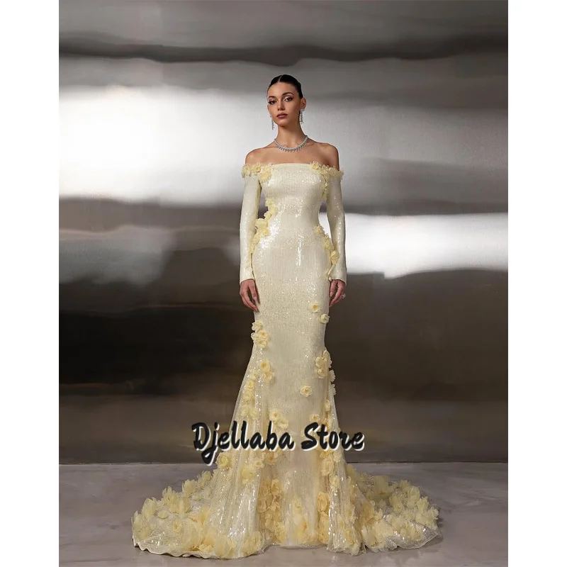 

Custom Elegant Cream yellow Glitter Prom Dress With 3D flowers vestido de gala Mermaid Train Formal evening event