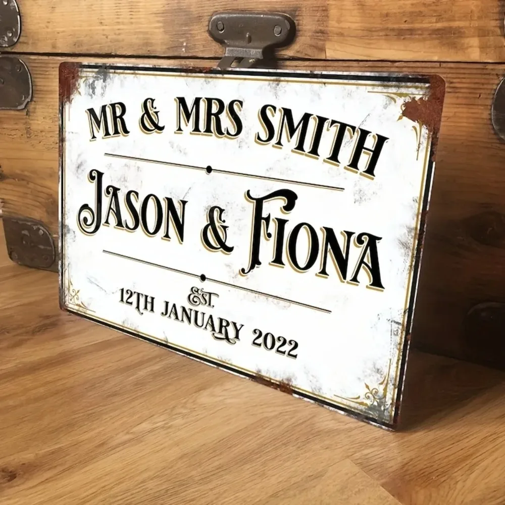 CIFbuy Customizable Elegant Swirl Wedding Wall Plaque, 2D Flat Personalized Mr & Mrs Aluminum Sign For Gloss Anti‑Scratch Waterp
