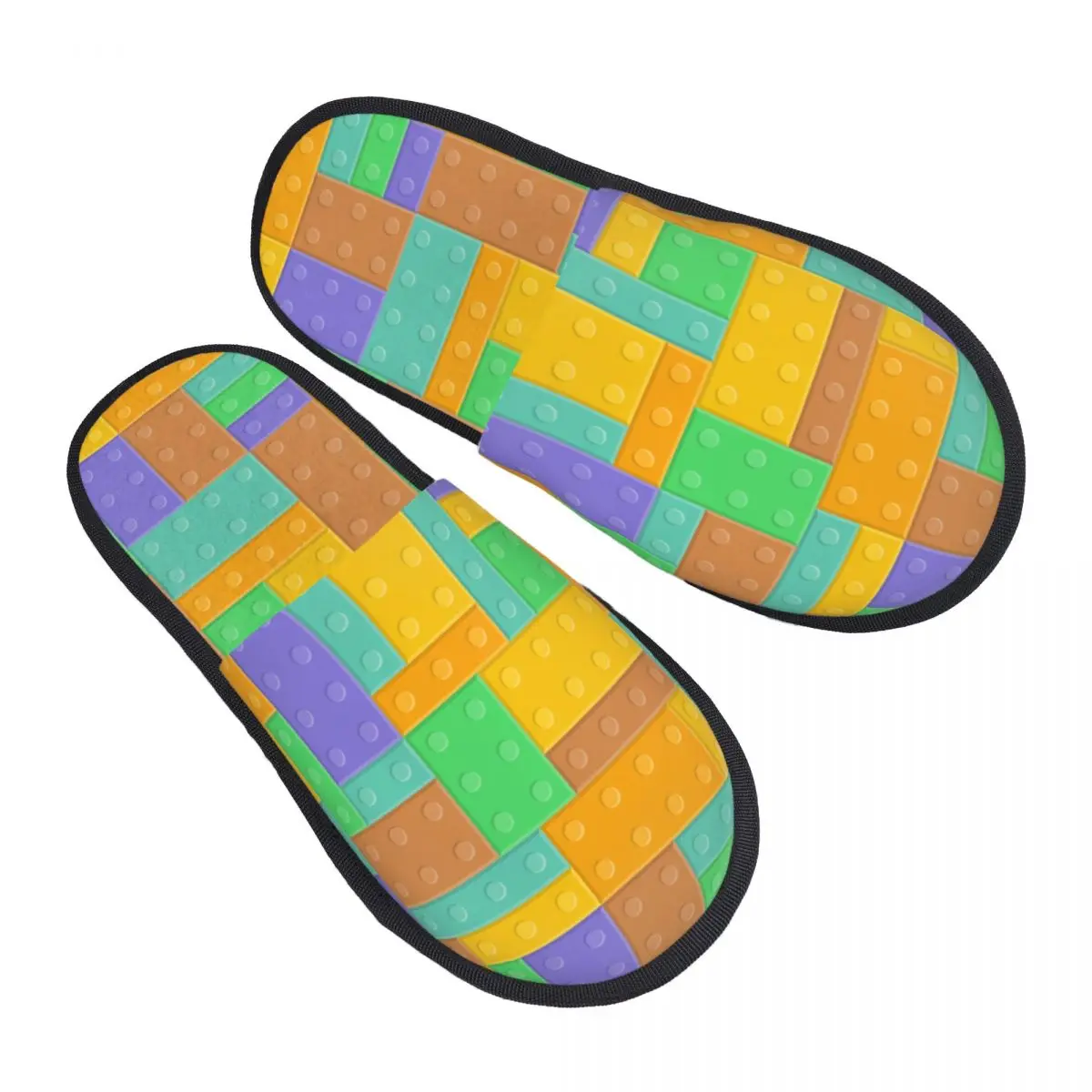 Custom Colorful Building Plastic Brick Toy Blocks Patterns Memory Foam Slippers Women Soft Warm House Slippers