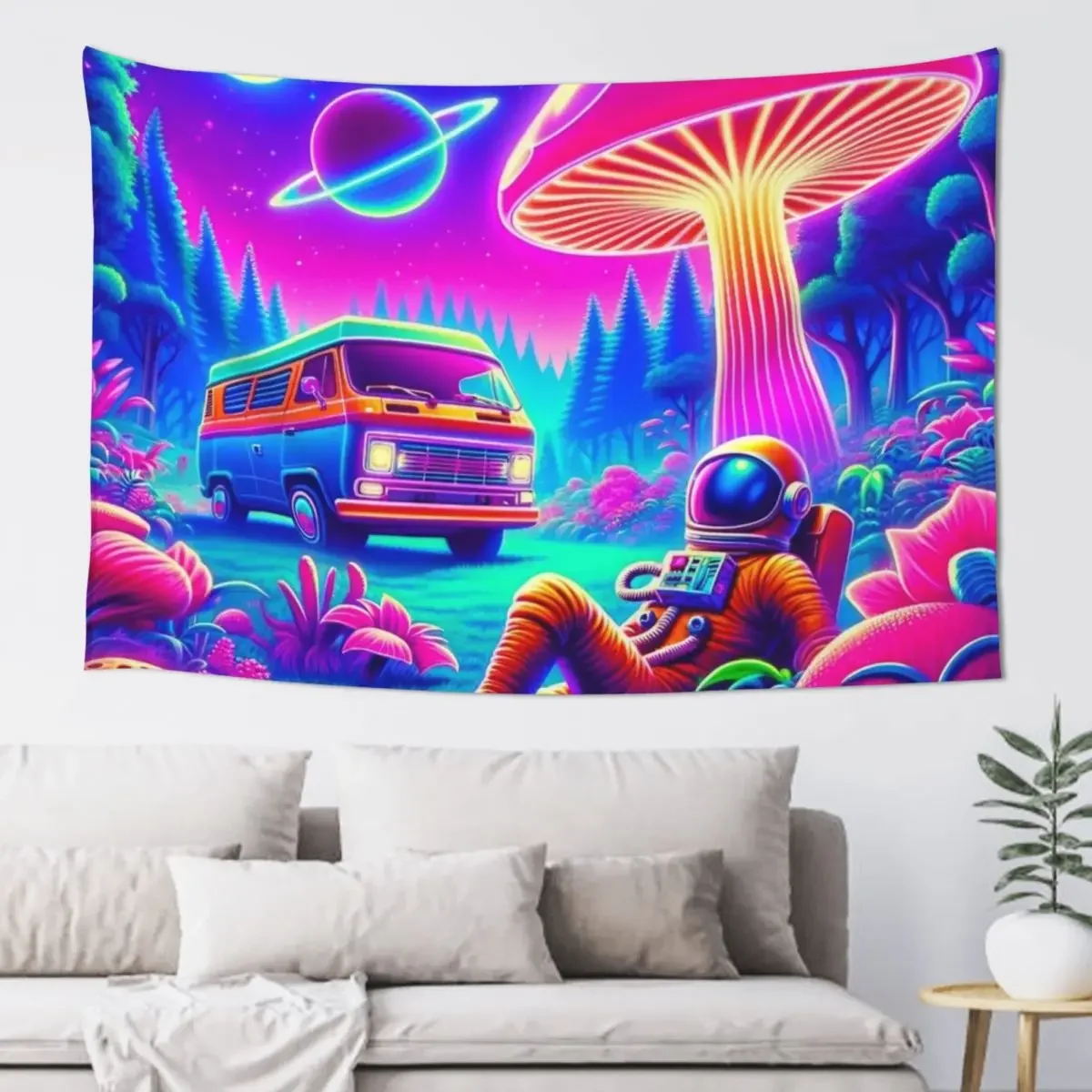 

Neon Forest Walk with Astronaut Tapestry Mushroom Bedroom Deco Tapestry