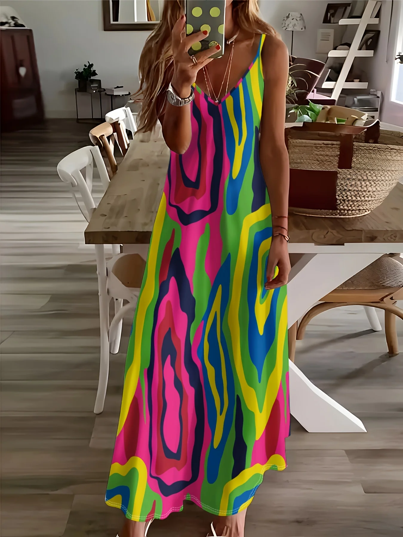 

Women's Long Sleeve Casual Dress Vacation Style Colorful Abstract Geometric Print A-Line Midi Dress Summer Fall Fashion