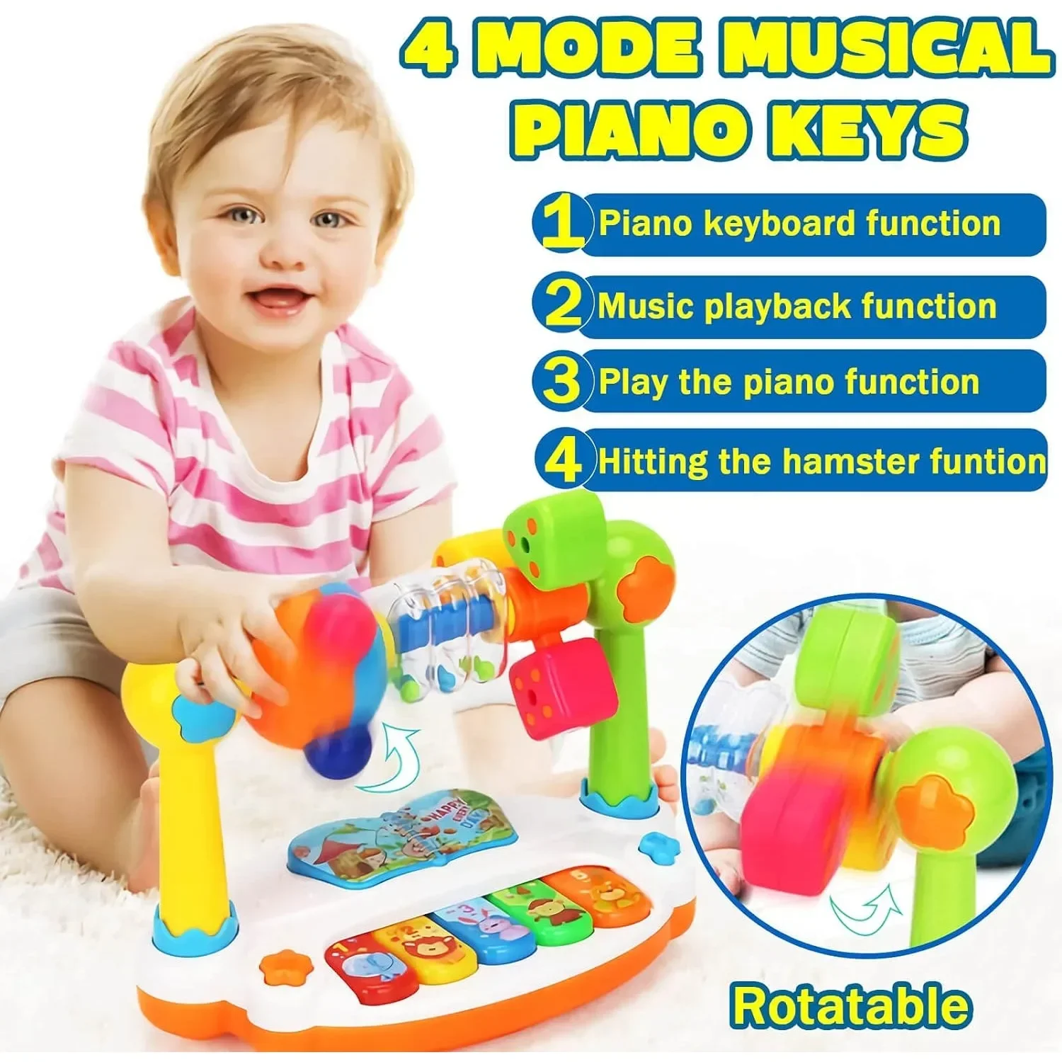 Baby-Klavier-Spielzeug, rotierende Musik, Klaviertastatur mit Licht, Sound, multifunktionales Musikinstrument, frühes Lernspielzeug für Kleinkinder
