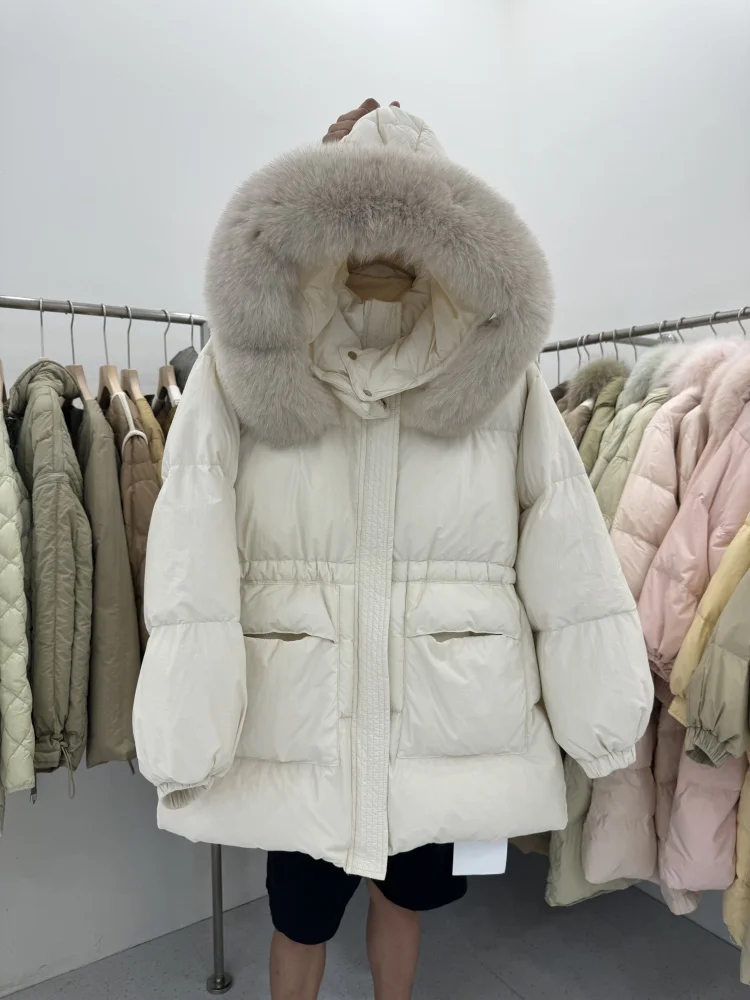 New Winter Large Real Raccoon Fur Hooded Duck Down Filling Jacket Women Loose Waterproof Puffer Coat Thickened Warm Soft Parka