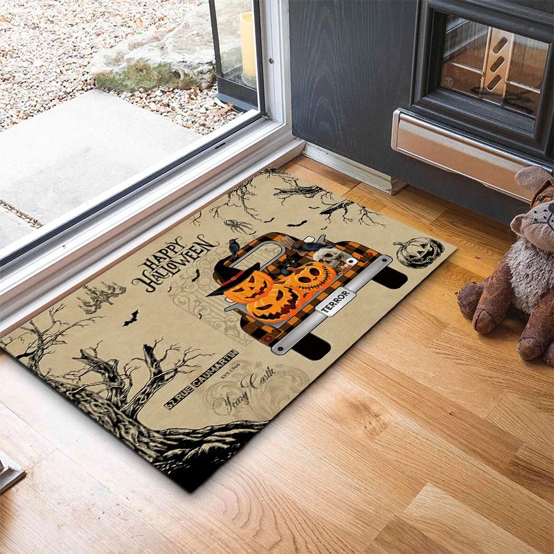 Halloween Pumpkin Carpet Mat BOO! Text Rug Vintage Truck Ghost Bats Spooky Non-Slip Home Decoration Orange Beige Floor Mats