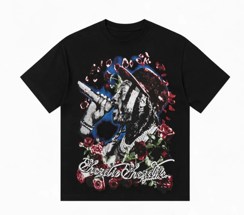 2026 new Vintage Rapper Portrait With Rose Floral Cursive Letter Print Short Sleeve T-shirt Unisex Streetwear Casual Loose Black