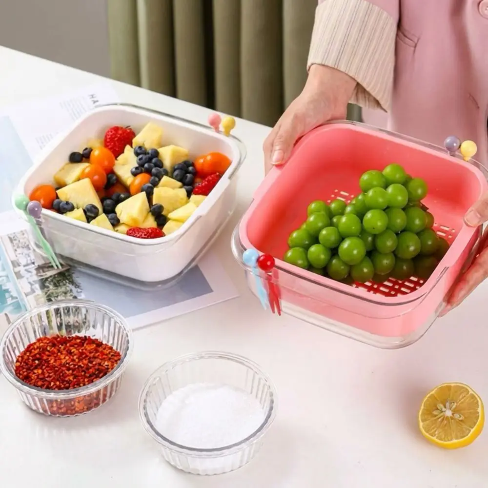

Dual Layer Fruit Water-Filtering Bowl Large Capacity with Lid Fruit Bowl with Fork with Strainer Detachable Fruit Serving Plate