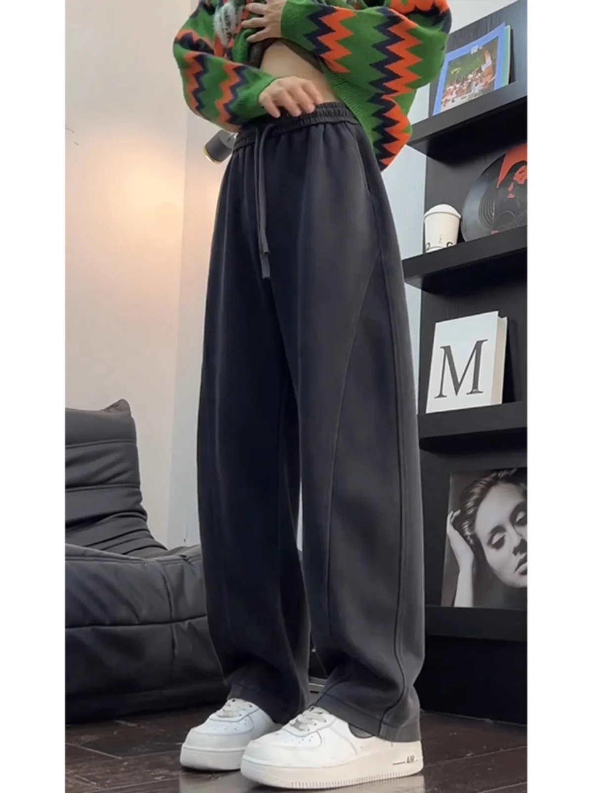 ay Fce Lined Wide Leg Men's Sweatpants Autumn Winter Drape Heavy American Sport Straight Casual Long Trousers