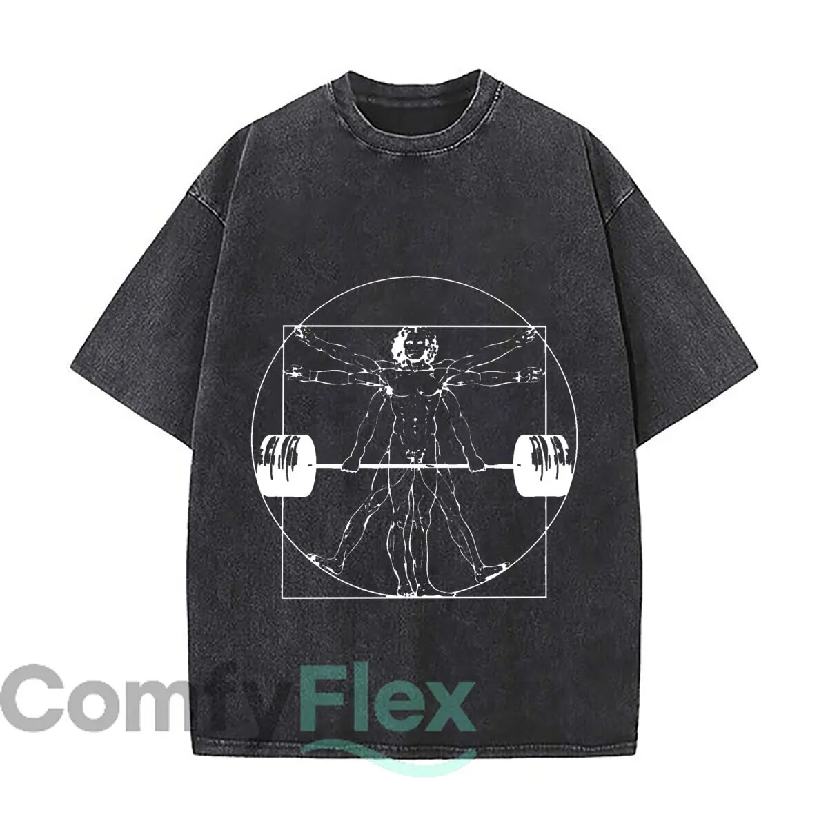 Vitruvian Barbell Man Weightlifting Powerlifting Bodybuilding Fitness Workout Washed Distressed Loose Streetwear Tops