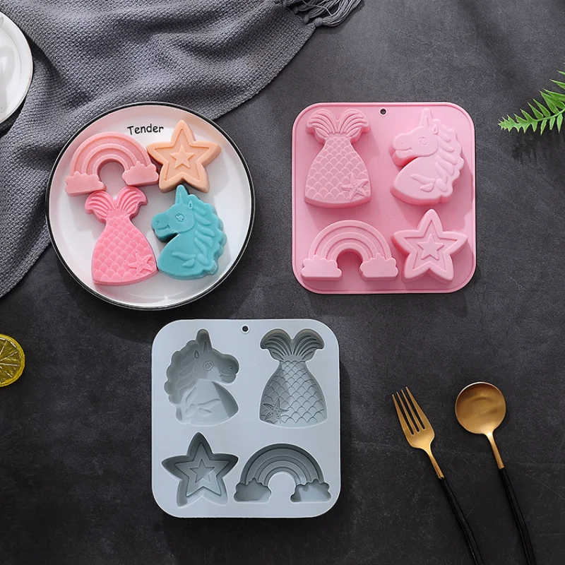 Cartoon Porous Unicorn Silicone Chocolate Mold Mermaid Candy Cake Ice Baking Mould DIY Star Rainbow Soap Candle Making Gifts