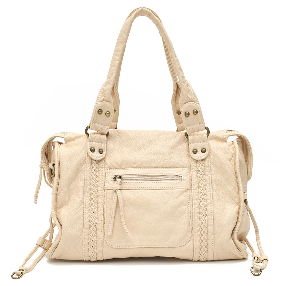 Vintage gewaschenes PU-Leder, große Kapazität, Reißverschlusstaschen, geflochtenes Dekor, Schultertasche, Umhängetasche, Unisex, Damen, tägliche Reisehandtasche