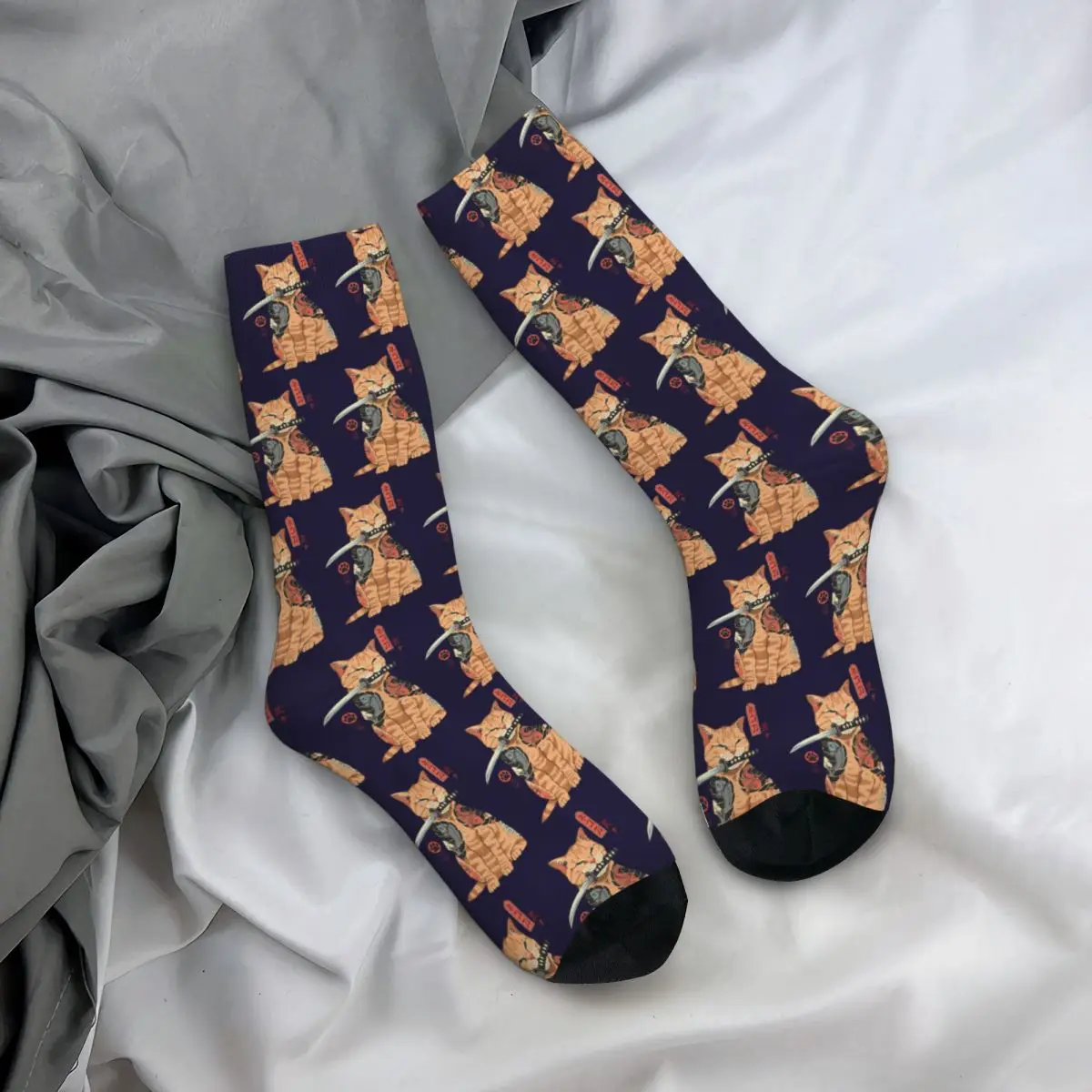 Calcetines de compresión para hombre y mujer, calcetín Unisex sin costuras, estampado divertido, Gato samurái, Kawaii, Harajuku, regalo para niño