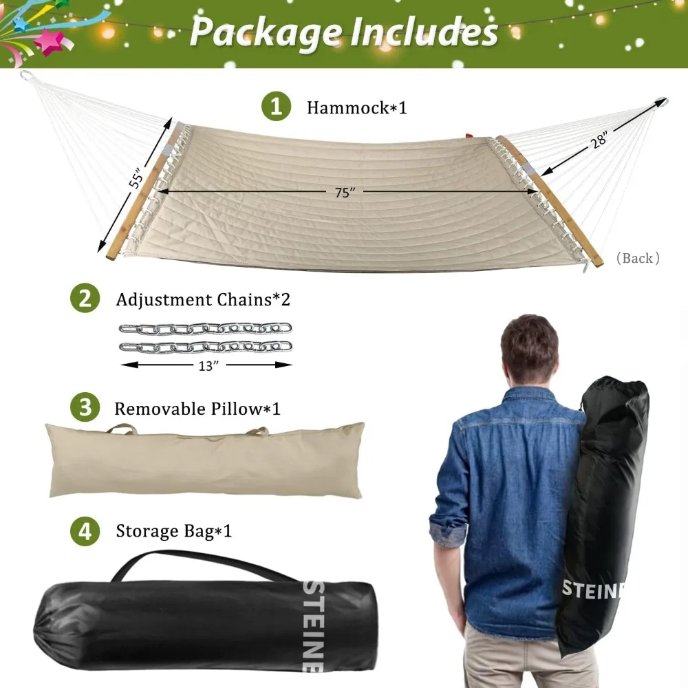 11 FT Quilted Fabric 2 Person Hammock for Outside with Pillow, Folding Curved Spreader Bar, Chains, Carrying Bag, Hammocks