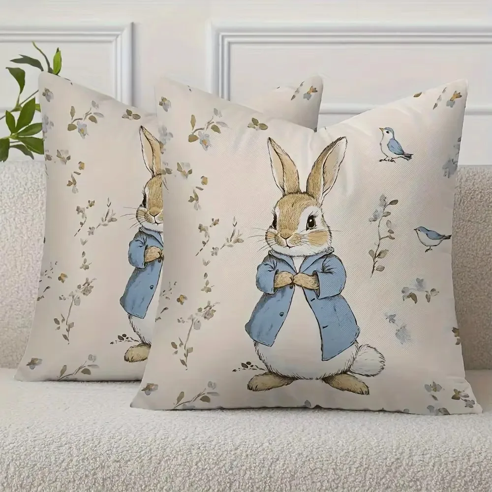 Double Sided Easter Peter Rabbit Pillow Cover, Soft Polyester 2D Print Cushion for Bedroom Living Room Sofa Spring Decor
