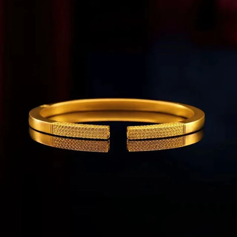 

Real Gold Fangyuan Chisel Engraved Bracelet, 24K Yellow Gold Ancient French Tide Court Solid Bracelet Women Fine Jewelry Gifts