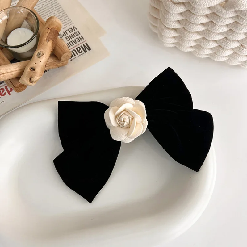 Elegant Black Velvet Hair Bows Clips White Flower Back Head Bowknot Hairpin Party Barrette Grip Headwear Korean Hair Accessories