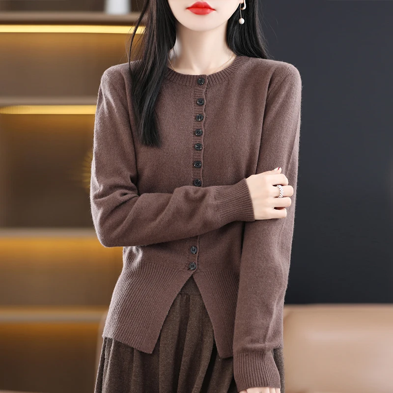 Hot Sale 100% Wool Cardigan Women Coat Autumn Winter Warm Jacket Long Sleeve Soft Sweater Female Knitwear Outwear