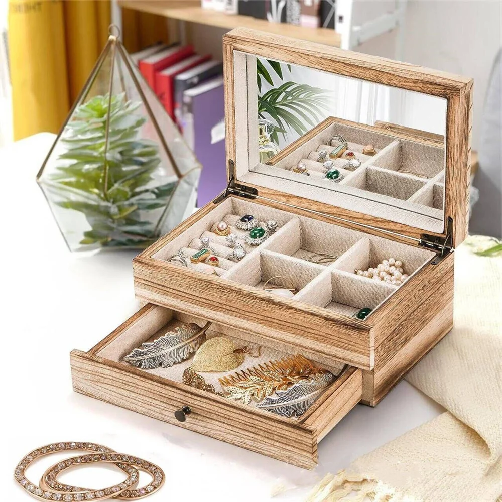 Double Layer Wooden Jewelry Box with Mirror Necklace Bracelet Lipstick Earrings Watches Ring Tray Jewelry Organizer Boxes Gifts