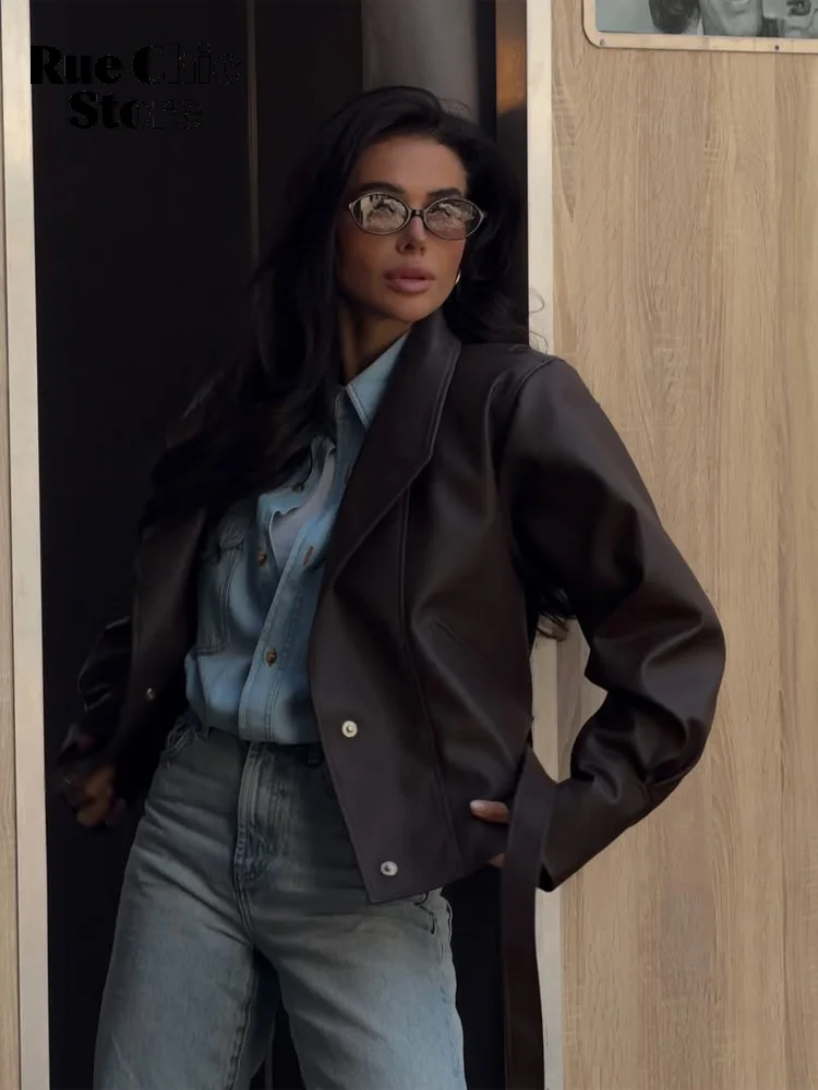 

Retro Faux Leather Cropped Jacket Women Chic Solid Lapel Waist Belt Long Sleeves Single Breasted Coats Lady Street Outer Wear
