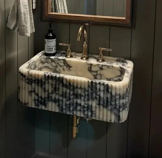 Wall-mounted groove polished modern natural Karakata violet marble sink wash basin