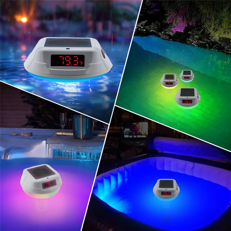 

Digital Pool Thermometer Floating With Easy Read Solar Panel, LED Screen, IP68 Waterproof And RGB Light For Swimming Poolsabkw