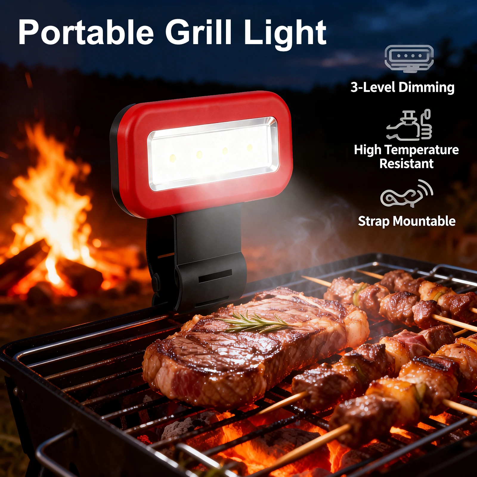 Grill-LED-Lampe, hitzebeständiges Grilllicht, dimmbares Grillwerkzeug, Zubehör, tragbare Grilllampe für Camping, Reiten, Nachtangeln