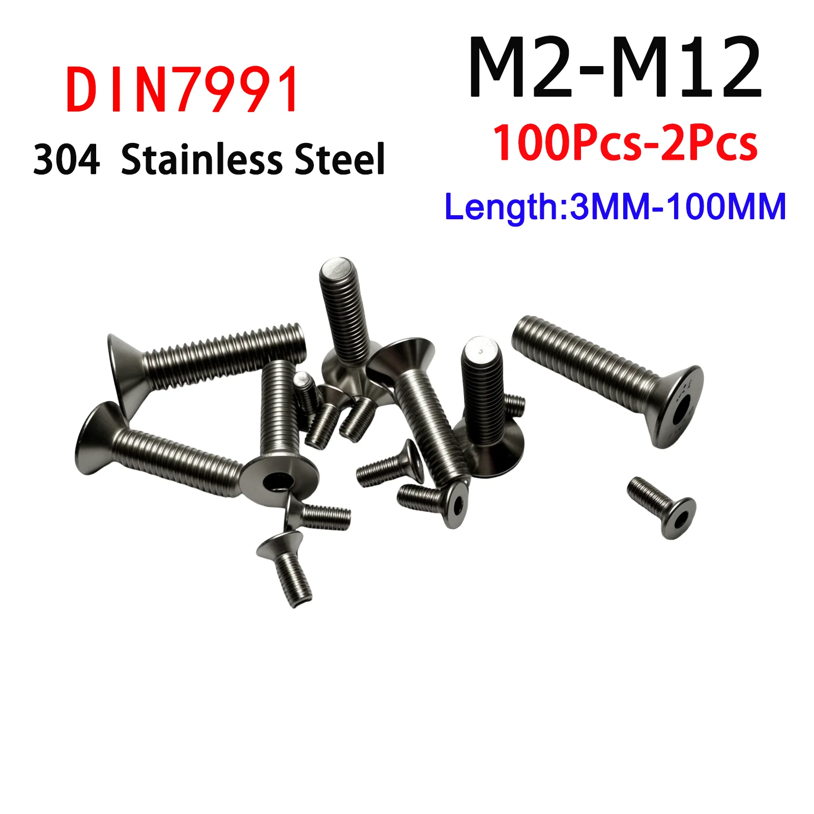 

304 Stainless Steel DIN7991 M2 M2.5 M3 M4 M5 M6 M8 M10 Countersunk Head Hex Socket Screws Bolt Allen Thread Machine Metal Screws