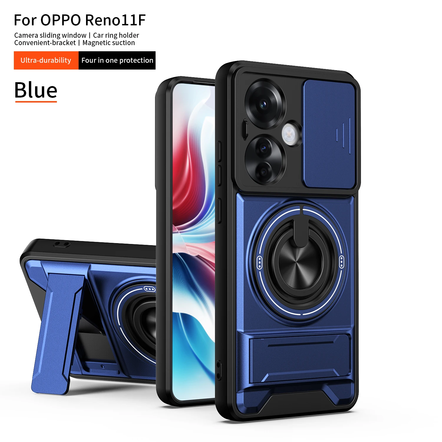 Armor Shockproof Phone Case For Oppo Reno11 F 5G Sliding Camera Cap Built-in Magnet Ring Kickstand Protective Funda