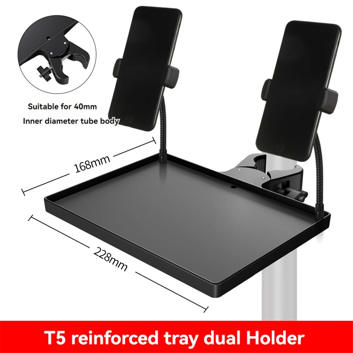 2-In-1 Microphone Stand Tray with 2 Phone Holder, Adjustable Clamp-on Rack Mic Stand Tray Shelf for Studio Concert