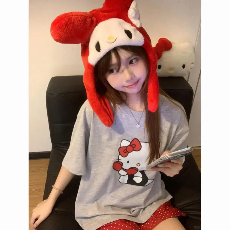 

Пижамы Hello Kitty с нагрудником, 2 шт., жилет Sanrio с героями мультфильмов, новый стиль, пижамы для девочек, модные студенческие летние шорты, домашняя одежда