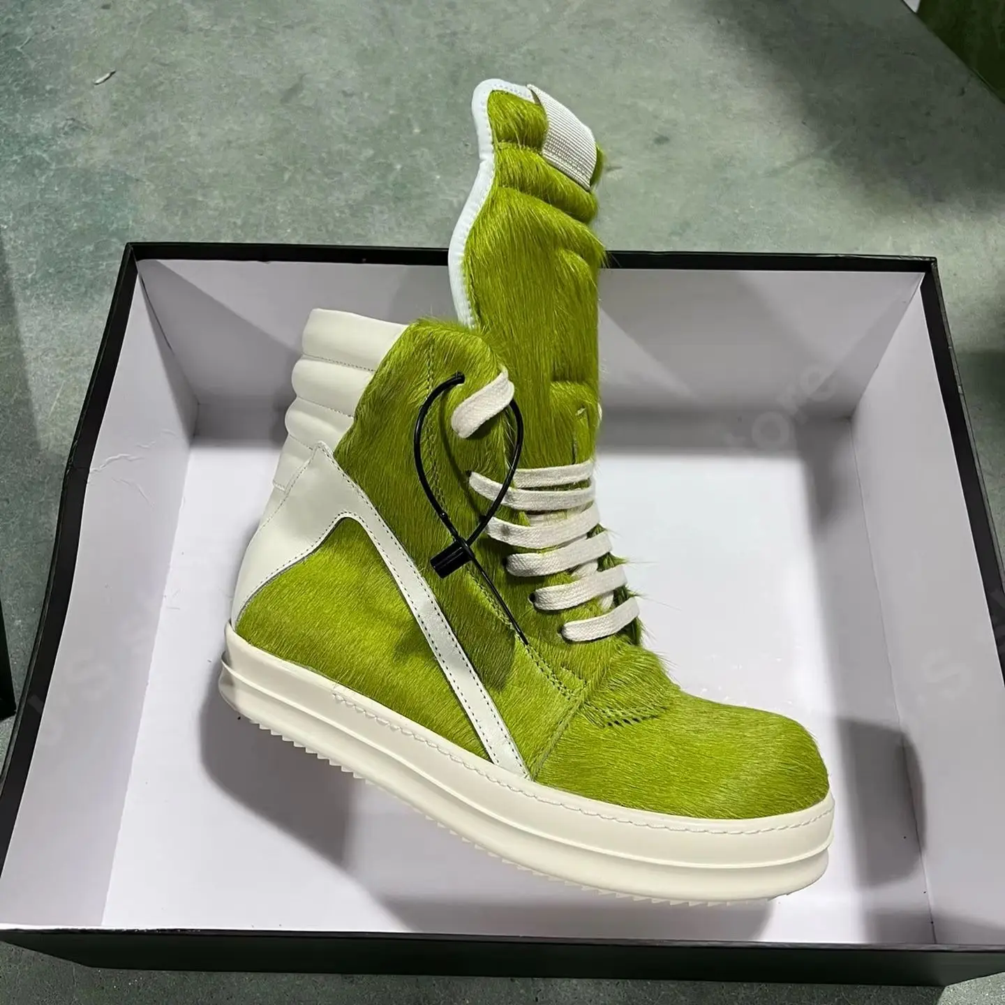 

Ricks Shoe Men Horse Hair Boot High Top Shoes Women Sneaker Owens Casual Shoes Men Shoe Zipper Green Horsehair Flat Ankle Boots