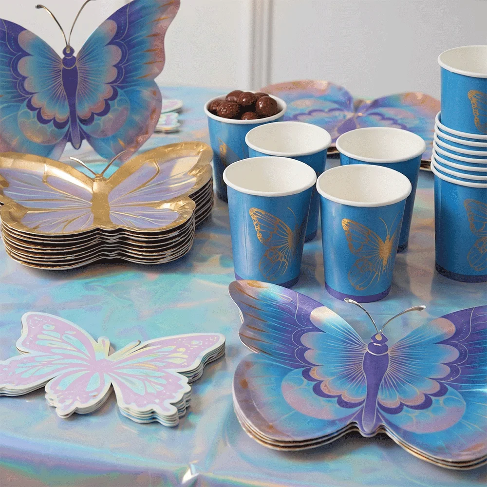 Iridescent Butterfly Party Supplies Holographic Plates Cups Napkins Tablecloth Fairy Girl Spring Birthday Decoration Baby Shower view 5