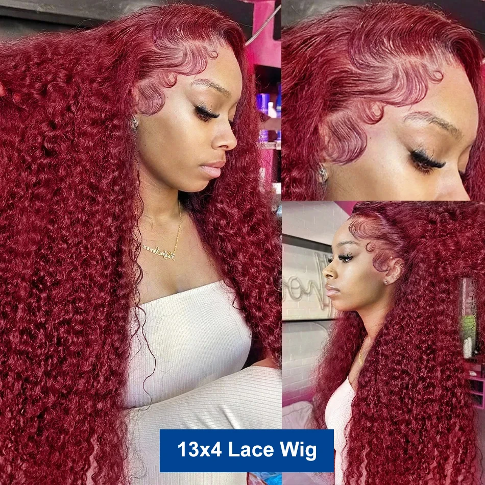 250 Density Deep Wave 99J Burgundy 13x4 Lace Frontal Wigs Human Hair Deep Curly Transparent Lace Front Human Hair Wig Red Color