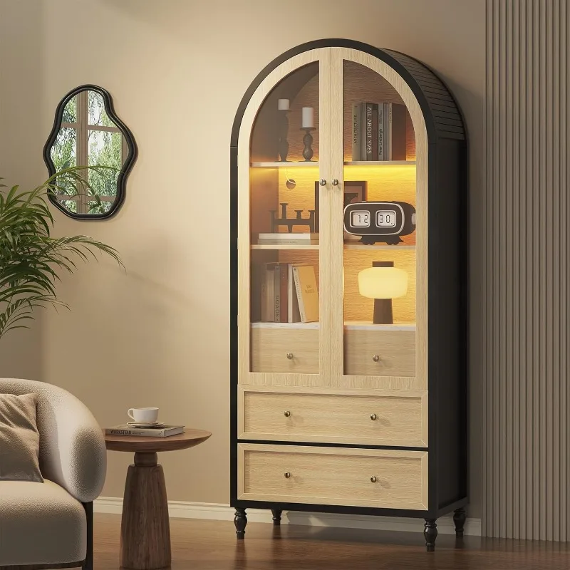 73 Inch Tall Arched Cabinet, Black-Oak Arched Pantry, LED Lighted Display Cabinet