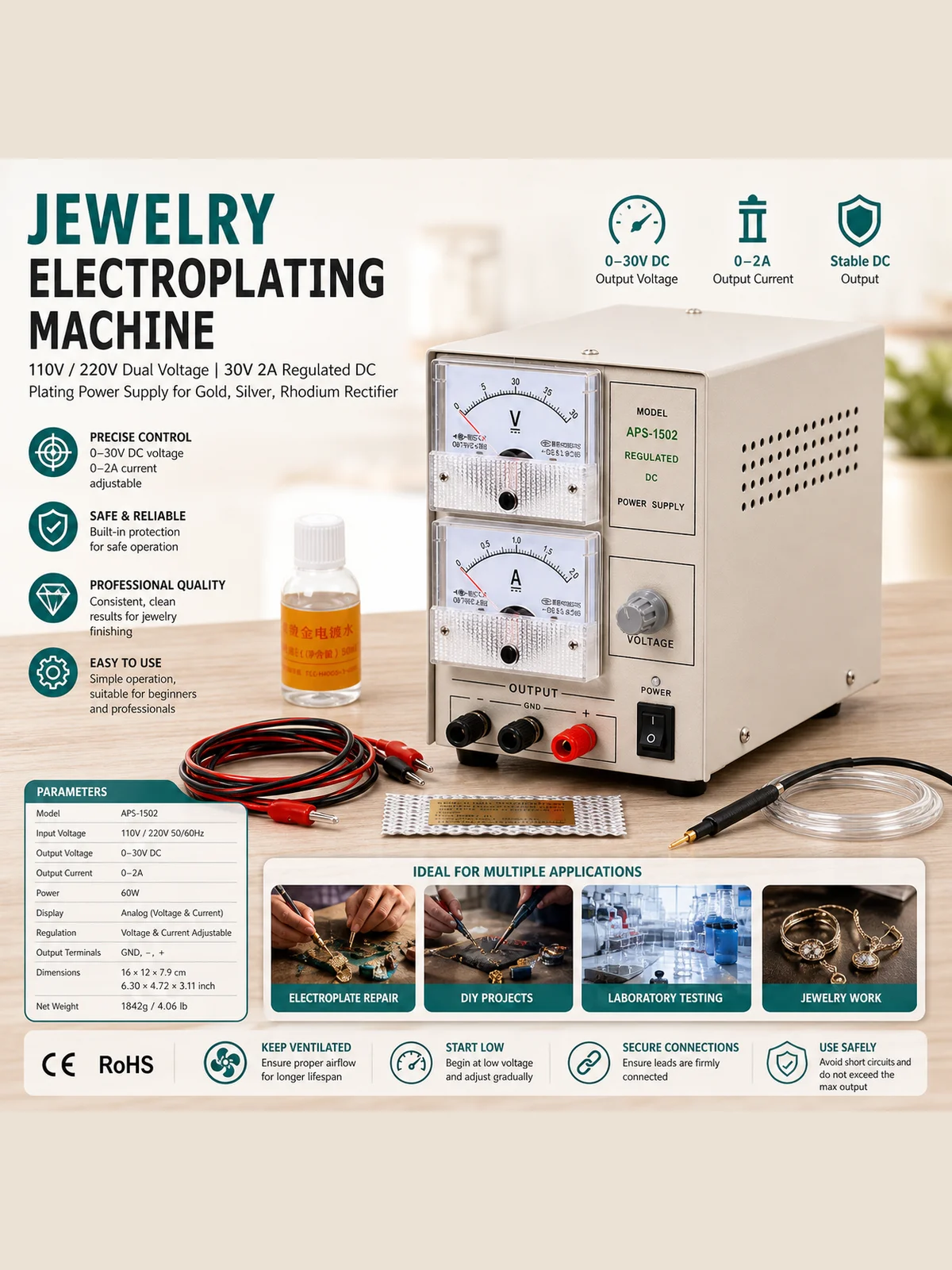 Jewelry Electroplating Machine 110V 220V Dual Voltage 30V 2A Regulated DC Plating Power Supply Gold Silver Rhodium Rectifier