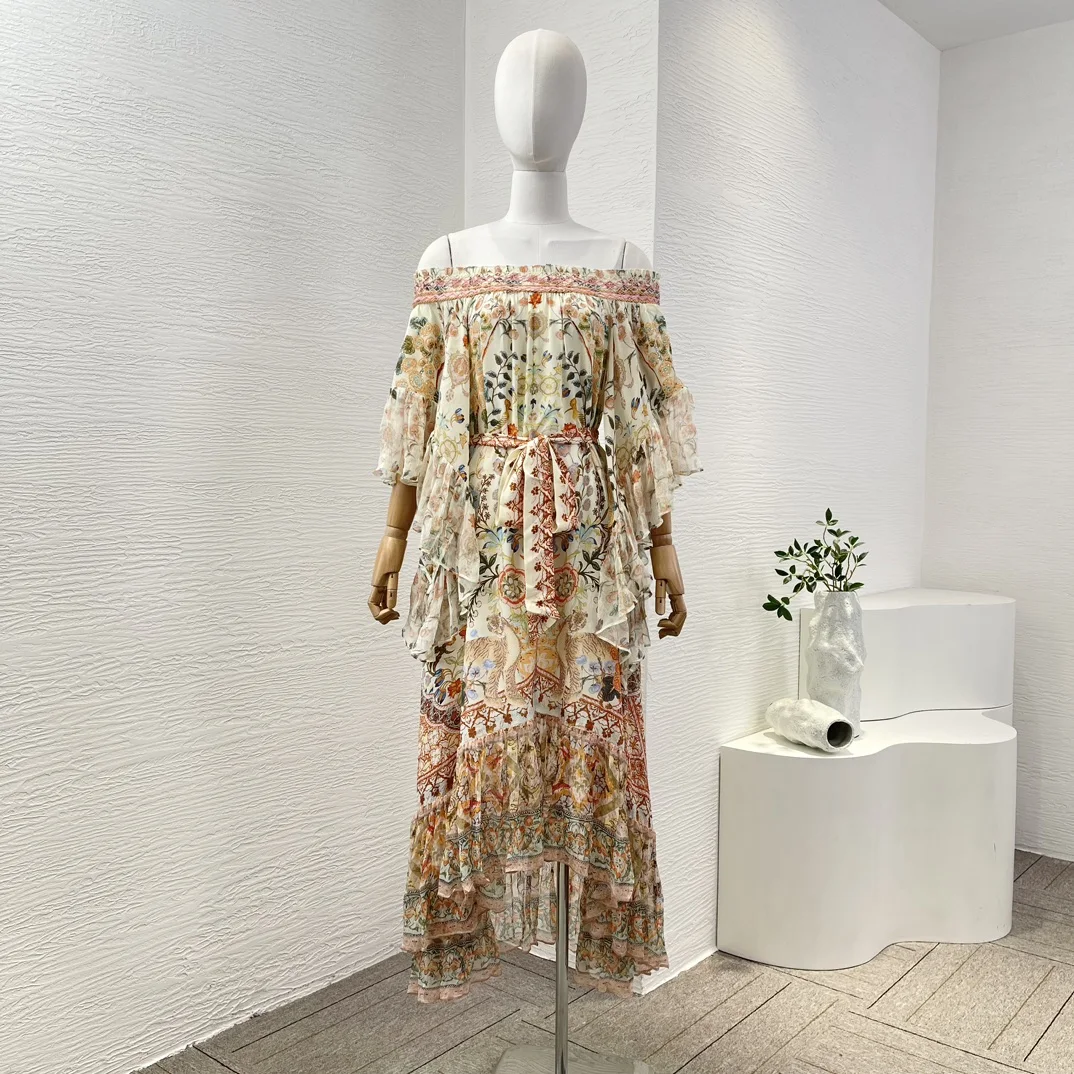 2024 New Multi Color Floral Print Long Sleeve Off The Shoulder Diamonds Loose Midi Dress for Women