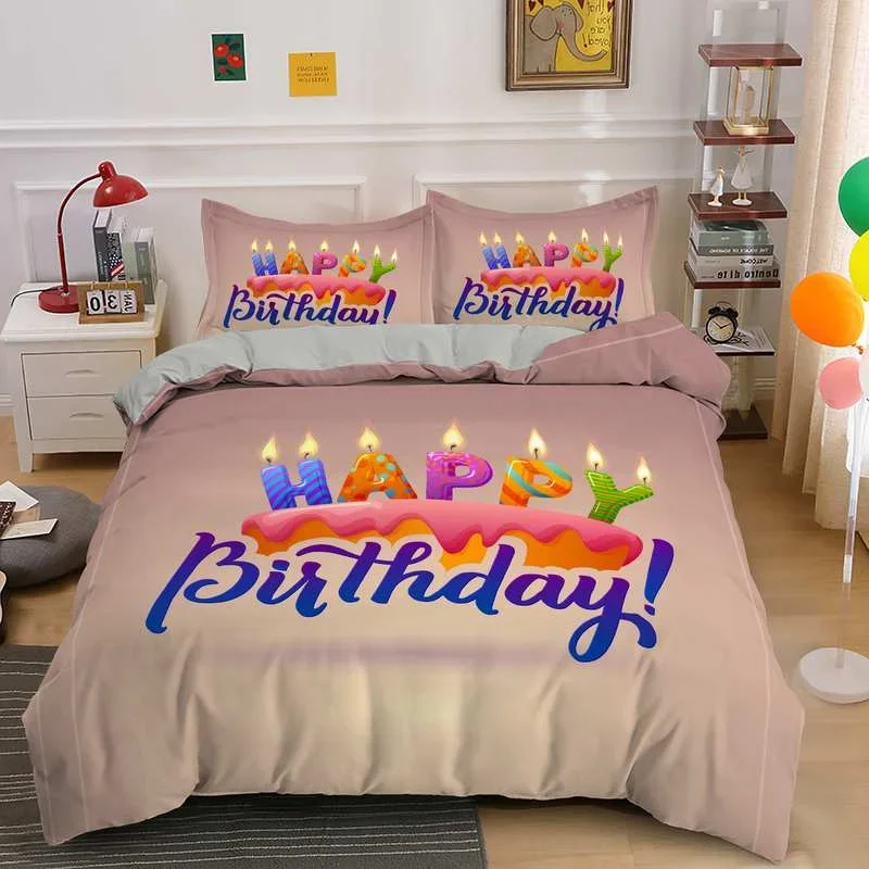 Happy Birthday Gift Bedding Set Party Festival Duvet Cover King/Queen for Kids Boys Girls Cartoon 2/3PCS Polyester Quilt Cover