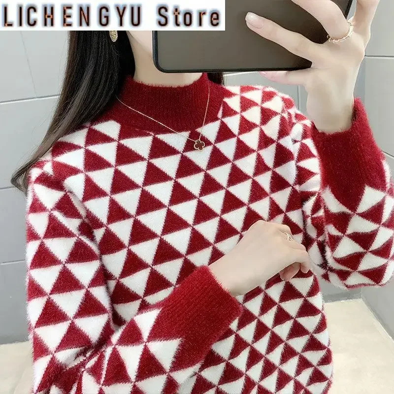 الخريف والشتاء المرأة مفصلية Argyle نصف الياقة العالية كم طويل الصوف البلوزات لاعبا بلوزات الموضة غير رسمية