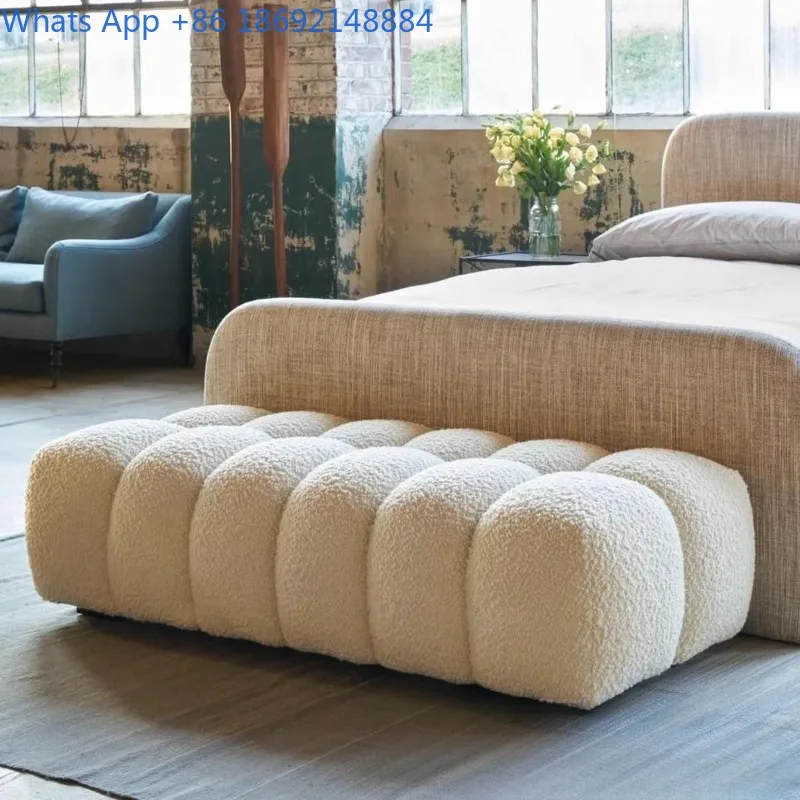 สตูลวางเท้าสไตล์นอร์ดิก ผ้าขนแกะ สำหรับห้องแต่งตัว ห้องนอน ข้างเตียง