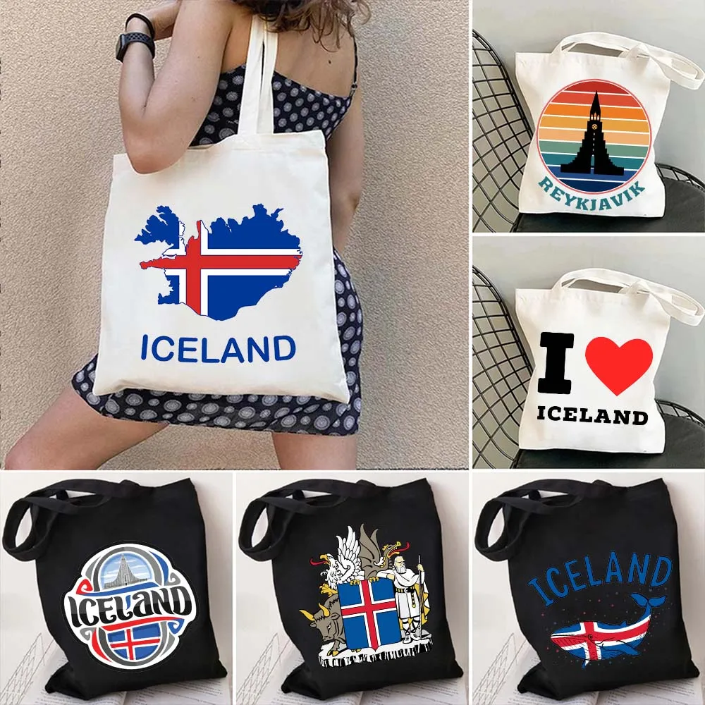 Reykjavik Iceland Heart Flag Coat of Arms Map Landmark Stamp Viking Shopper Harajuku Canvas Tote Bag Cotton Eco Shoulder Handbag