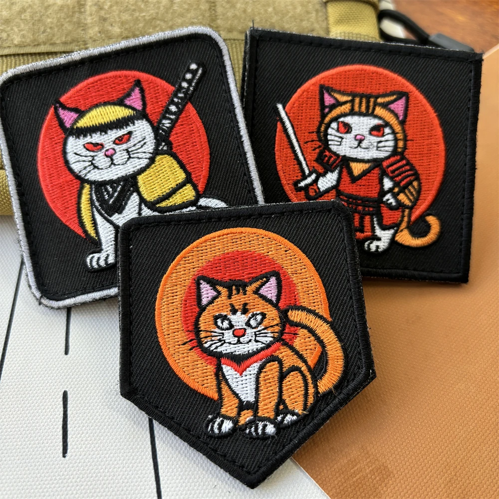 Japan Anime Samurai Cat Morale Tactical Patches Cartoon Embroidery Hook&Loop Patch Military Badge Armband Backpack Stickers