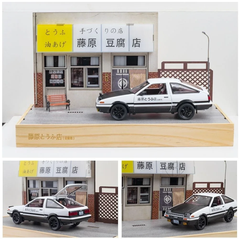 1/20 Initial D AE86 Alloy Car Models Fujiwara Tofu Store Transparent Storage Box Dust Cover Wooden Base with Light Boys Gifts