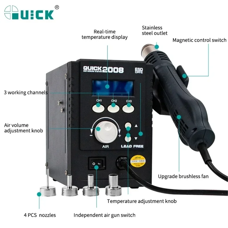 QUICK 2008 Original ESD Lead-Free Digital Display Heat Gun Welding Rework Soldering Station Maintenance Air Gun Mobile Phone