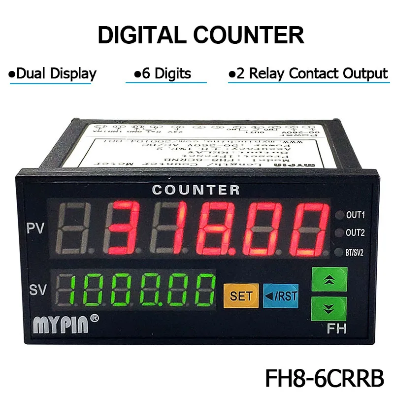FH8-6CRRB Dual Display Digital Counter 6 Digits Light-emitting Diode 90~265V AC/DC Length Meter with 2 Relay Output and Pulse