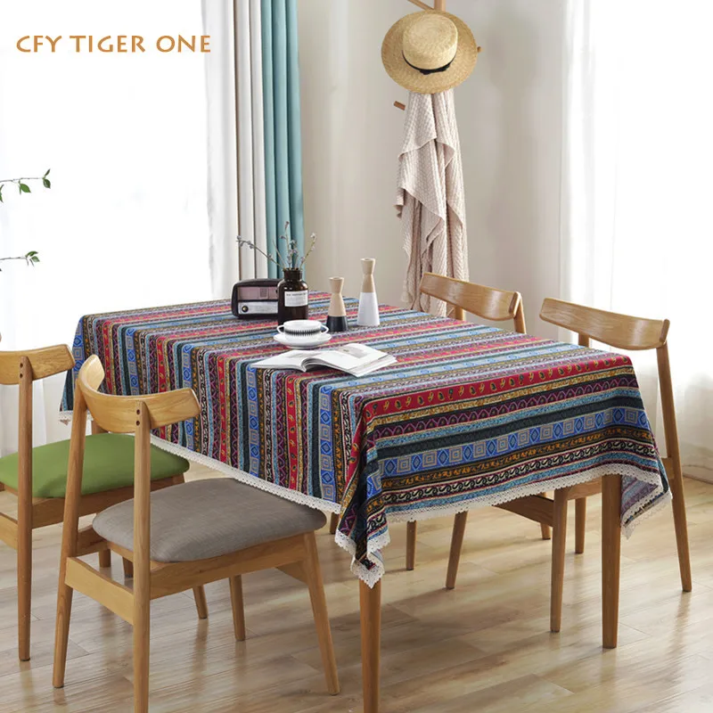 

Bohemian Striped Ethnic Style Tablecloth with Retro Lace Rectangular Tablecloth Resistant Coffee Table Mat Table Cover