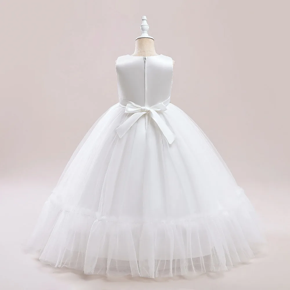 Vestido de princesa blanco elegante para niñas, traje Formal con lazo para fiesta de cumpleaños, baile de graduación, malla hinchada con lentejuelas, ropa para adolescentes