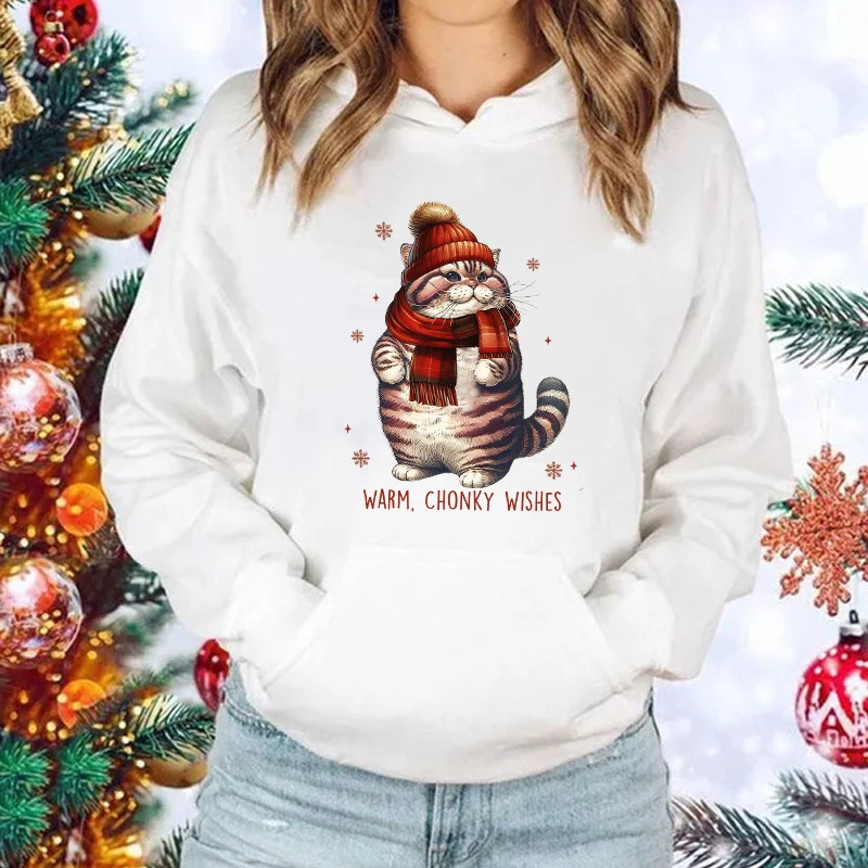 

New Fashion Women Men Christmas Cat Warm Chonky Wishes Print Hooded Sweatshirt Autumn Leisure Sports Pullover